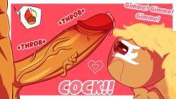 abs big_penis blonde_hair cock_shock cock_worship cookie_run heart heart-shaped_pupils maychup_cookie original_character penis penis_awe pink_choco_cookie precum simple_background text time_jester_(artist) uncensored veiny_penis