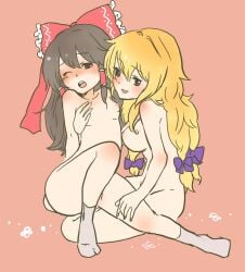 2girls black_hair blonde_hair blush bow breasts couple flat_chest hair_ribbon hairbow large_breasts long_hair multiple_girls multiple_hair_bows nipples no_headwear notsuki_miko nude one_eye_closed pink_background reimu_hakurei ribbon short_hair simple_background small_breasts socks touhou yukari_yakumo yuri