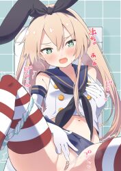 black_neckerchief blonde_hair blue_sailor_collar blue_skirt blush crop_top elbow_gloves female female_masturbation gloves green_eyes hair_between_eyes heart kantai_collection long_hair looking_at_viewer masturbation miniskirt navel neckerchief open_mouth panties panties_around_one_leg pleated_skirt pussy sailor_collar sanninme_no_haru school_uniform serafuku shimakaze_(kantai_collection) skirt sleeveless solo squirting striped striped_panties striped_thighhighs thighhighs underwear white_gloves