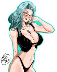 1girls belly_button big_breasts blue_hair blush breasts cleavage edit female female_only glasses green_eyes light-skinned_female murata_yuusuke necklace nipple_bulge official_art one-punch_man open_mouth psykos slim underwear white_background