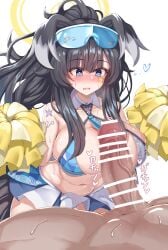 1boy 1girls bar_censor big_breasts blue_archive blush boobjob censored cheerleader clothed_female_nude_male dark-skinned_male dark_skin engineering_department_(blue_archive) erection hibiki_(blue_archive) hibiki_(cheerleader)_(blue_archive) huge_breasts light-skinned_female light_skin looking_at_penis millennium_cheerleader_outfit_(blue_archive) millennium_science_school_student name_tag nose_blush penis_awe pom_poms ppolar skimpy_outfit thick_thighs