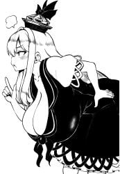 absurdres bangs breasts cleavage collared_dress dress female highres himajin_noizu huge_breasts kamishirasawa_keine keine_kamishirasawa long_hair monochrome neckerchief puffy_short_sleeves puffy_sleeves red_neckerchief short_sleeves sidelocks solo touhou