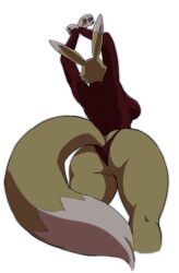 2022 anthro armpits ass back back_view breasts digimon ear female fur highres renamon riipley stretching tail tight_clothing tight_shirt underwear wide_hips