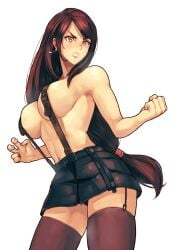 1girls babus_games brown_hair clenched_hand clenched_teeth earrings female fighting_stance final_fantasy final_fantasy_vii final_fantasy_vii_remake fist frown garter_straps large_breasts long_hair skirt solo suspenders sweat thighhighs tifa_lockhart topless topless_suspenders white_background