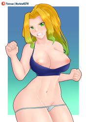 1girls angry angry_face big_breasts big_butt blonde_hair embarrassed evangeline_exodus female female_only gradient_hair green_eyes green_hair morbite nipple nipple_slip nipples_visible_through_clothing thick_hips thick_thighs