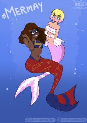 2girls blonde_hair chocolate_and_vanilla cleavage dark-skinned_female dark_skin female female_only gwen_poole gwenpool hand_holding interlocked_fingers kamala_khan light-skinned_female light_skin marvel marvel_comics mermaid mermaid_girl mermaid_tail mermaid_transformation ms._marvel multiple_girls underwater yuri