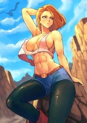 1girls abs android_18 babus_games belt blonde_hair blue_eyes blue_sky cleavage clothed dragon_ball dragon_ball_z earrings female female_abs female_only hand_behind_head large_breasts leggings muscles muscular muscular_female outdoors outside pinup posing shenron shorts solo tank_top