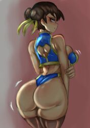 1girls ass ass_focus big_ass big_breasts blue_clothing breasts brown_hair capcom chun-li female female_only hairbun jiggle looking_back side_eye sideboob solo street_fighter thighhighs twin_buns