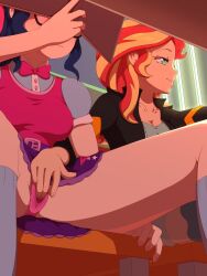 2girls bodily_fluids duo equestria_girls female female/female female_handjob female_only fingering friendship_is_magic genital_fluids handjob hasbro human masturbation my_little_pony panties pussy_juice rockset sci-twi sunset_shimmer upskirt wet wet_clothes wet_panties wet_pussy yuri