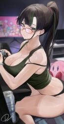 1girls beer_can black_hair bra_strap cleavage controller female female_only gamer_girl glasses kirby kirby_(series) large_breasts nerdy_female original panties playing_videogame ponytail preview_(preview0) sitting strap_slip tank_top underwear_only