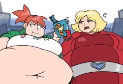 2girls bbw belly belly_bulge belly_button belt blonde_hair blue_eyes cartoon_network clover_(totally_spies) commission cookie cookies female foster's_home_for_imaginary_friends frankie_foster green_jacket lewdsona obese obese_female overweight overweight_female red_hair skin_tight_suit ssbbw sweatdrop totally_spies weight_gain