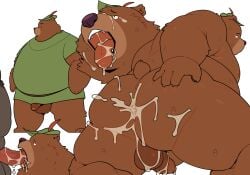 2022 absurd_res anthro anus ass balls bear belly big_belly bodily_fluids brown_body brown_fur clothing cum cum_on_butt cum_on_tongue disney duo erection fur genital_fluids genitals hat headgear headwear hi_res kemono little_john male male/male mammal oral overweight overweight_male penis quanjiang robin_hood_(disney) solo solo_focus tongue ursid