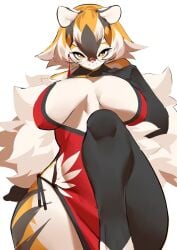 1girls amber_eyes anthro arknights aspirindabaitu big_breasts breasts chinese_clothes cleavage clothed clothing female fur furry furry_only glasses looking_at_viewer mx99926 open_clothes smile solo solo_female tagme tiger tiger_girl waai_fu_(arknights)