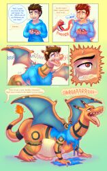 <3_eyes absurd_res bodily_fluids charizard claws clothed clothing colored comic cum dialogue ejaculating_cum ejaculation english_text feral generation_1_pokemon genital_fluids genitals gradient_background growth heart hi_res horn horn_growth human looking_pleasured male mammal membrane_(anatomy) membranous_wings nintendo open_mouth penis pokémon_(species) pokemon pokemon_(species) simple_background solo species_transformation speech_bubble sweat tail_growth text tf4me tongue tongue_out torn_clothing transformation transformation_sequence video_games wing_growth wings