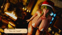 3d areola areolae asking_for_it christmas christmas_outfit cleavage dialogue elf festive flirting freckles green_hair huge_breasts leaning_forward nipple_bulge nipples santa_hat sky smiling talking_to_viewer tan_body tattoo tavern text thick_thighs xdenizen yellow_eyes