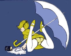 1girls ass blonde_hair eyes_closed fully_clothed legs_up lying mary_janes mascot morton_salt morton_salt_girl panties short_hair solo spread_legs upskirt yellow_dress