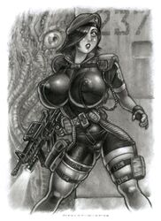 beret jill_valentine jill_valentine_(julia_voth) monochrome resident_evil rinaldi tagme