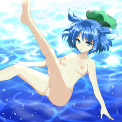 blue_eyes blue_hair bubble collarbone female hair_bobbles hair_ornament hat hat_ribbon ifuji_sakura in_water kneepits nitori_kawashiro nude ribbon solo tied_hair touhou twintails