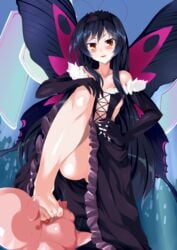 1boy accel_world antenna_hair arita_haruyuki black_hair blush brown_eyes butterfly butterfly_wings censored dress elbow_gloves female footjob gloves hairband highres kanateko kuroyukihime long_hair mosaic_censoring no_panties open_mouth penis pig teeth wings