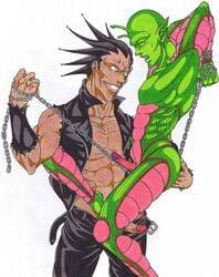 2boys artist_request bleach boner chains crossover dragon_ball dragon_ball_z erection gay kenpachi_zaraki male male_only nude piccolo uncensored yaoi zaraki_kenpachi