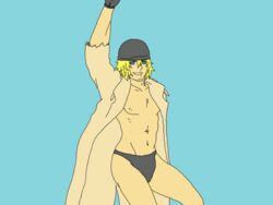 1boy abs animated blonde_hair blue_background blue_eyes bulge cap dancing erect_nipples exposed_nipples facial_hair feet_out_of_frame final_fantasy final_fantasy_xiii glove long_coat looking_at_viewer male male_only muscle open_jacket pecs penis_under_clothes ragged_sleeve raised_arm snow_villiers solo standing thrusting_hips torn_sleeve trenchcoat twerking underwear