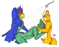 anal anthro beige_fur buggery chameleon color falco_lombardi fox fox_mccloud fur furry furry_only gay interspecies leon_powalski male male_only multiple_males no_humans nude orange_fur pheasant sex shower side_view star_fox white_background yaoi