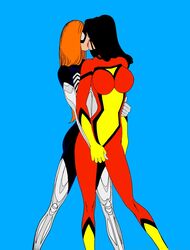 2d 2d_(artwork) 2girls arachne_(marvel) big_breasts black_hair crotch_grab dirtydennis female female_only kissing lesbian lesbian_kiss light-skinned_female light_skin marvel marvel_comics orange_hair spider-man_(series) spider-woman spider-woman_(jessica_drew) superheroine yuri