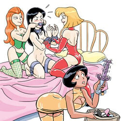 4girls alex_(totally_spies) ass assorted_sex_toys ball_gag barefoot bdsm bed bedroom bent_over black_hair blonde_hair blue_ball_gag blush bondage bound bound_legs bound_wrists breasts carelessdoodler cleavage clothed clothed_female clothed_female_nude_female clover_(totally_spies) collar cuffs dark-skinned_female dark_skin disney_channel female female_only femdom femsub fishnet_thighhighs forced gag gagged garter_belt green_panties grin human imminent_rape jpg mandy_walters multiple_doms multiple_females multiple_girls naked nude nude_female on_bed on_knees pillow pillows putting_on_gag red_hair sam_(totally_spies) sam_simpson sex_toy sex_toys shiny_clothes thighhighs tight_clothing totally_spies vibrating vibrator white_background wrist_cuffs yuri