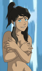 1girls avatar_legends black_eyebrows black_hair breasts completely_naked_female covering_breasts covering_up dark-skinned_female dark_skin discordsdemise female female_only human korra large_breasts out-of-frame_censoring solo straight_hair the_avatar the_legend_of_korra topless topless_female water_tribe waterbender