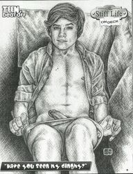 actor black_and_white celebrity disney dylan_sprouse exposed_nipples gay half-erect in_character legs_together male mostly_nude open_shirt penis rough_canvas sketch teen_beat-off teen_boy the_suite_life_(series) the_suite_life_on_deck uncolored underwear_down undressing zack_martin