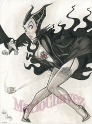 1girls 2010 bird bra breasts diablo_the_raven disney disney_villains enf female garter_straps lingerie maleficent mario_chavez raven_(bird) sleeping_beauty_(1959_film) stockings thigh_highs underwear watermark witch yellow_eyes