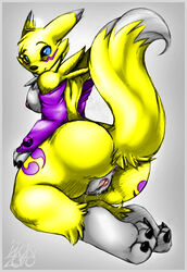 3_fingers anthro ass back_view barefoot black_nose black_sclera blue_eyes breasts claws color digimon female female_only fur furry furry_ass furry_breasts furry_ears furry_tail grey_background inuki looking_back nipples open_eyes pointy_ears pussy_juice raised_tail rek renamon solo tail vulva white_fur yellow_fur