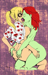 2d 2girls ass batman_(series) big_breasts blonde_hair breasts canon_couple closed_eyes dc dc_comics eso2001 eye_mask female female_only french_kiss french_kissing green-skinned_female green_skin groping harley_quinn multiple_girls nipples nude_female poison_ivy red_hair tied_hair tongue yuri