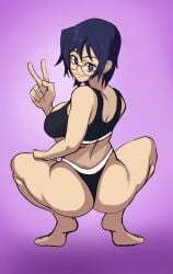 1girls :3 ass ass_focus back big_ass big_breasts big_butt big_thighs blue_eyes blue_hair bra feet glasses hakamichi_shizune katawa_shoujo large_ass large_breasts light-skinned_female light_skin looking_at_viewer milkmountain panties peace_sign pink_background pose posing short_hair simple_background solo_female sports_bra squatting thick_thighs tiptoes