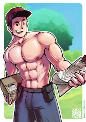 bulge courier_(pokemon) male male_only muscles muscular muscular_male outdoors outside pokemon pokemon_sv shirtless_male wyzarudo