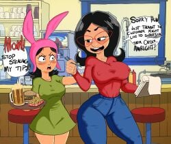 2020s 2022 20th_century_fox 20th_century_studios 2girls absurd_res aged_up alcohol beer big_breasts black_eyes black_hair black_pupils blue_pants blush bob's_burgers breasts buck_&_millie_productions bunny_ears bunny_girl bunny_hat burger clothed clothed_female clothing curvaceous curvy curvy_body curvy_female curvy_figure denim denim_clothing detailed_background dialogue digital_drawing_(artwork) digital_media_(artwork) dress drink duo english_text eyebrows eyelashes eyewear female female_focus female_only fingers food fox_corporation fries glasses green_dress hat headwear hi_res human inside jeans light-skinned_female light_skin linda_belcher louise_belcher mature mature_female milf mother_and_daughter nipple_bulge nipple_outline nipples nipples_visible_through_clothing notepad open_mouth pale_skin pants parent parent_and_child parent_and_daughter pen public red_glasses red_shirt restaurant shirt shirt_dress short_hair simple_eyes slashysmiley slim_waist small_waist smile tan_skin teeth thick_thighs tongue wide_hips wilo_productions