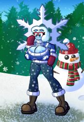 areola_slip big_breasts blue_body blue_skin boob_window boots breast_expansion elemental_humanoid glasses huge_breasts hyper hyper_breasts ice ice_elemental large_breasts mittens nipple_bulge nipples nipples_visible_through_clothing puffy_nipples snow snowflake snowman sprucy sweater white_hair winter