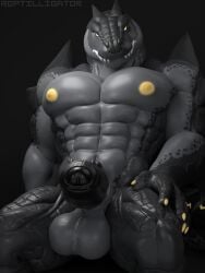 abs absurd_res alligator alligatorid anthro balls biceps big_balls big_muscles big_pecs big_penis crocodile crocodilian crocodylid danzer_(reptilligator) digital_media_(artwork) dragon erection foreskin genitals hi_res hybrid looking_at_viewer male male_only muscular muscular_anthro muscular_male nipples nude pecs penis reptile reptilligator scalie solo teeth vein