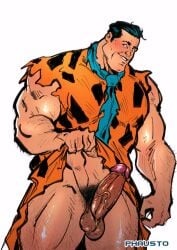 1boy 1male bara caveman daddy dilf fred_flintstone male male_only muscle muscles muscular muscular_arms penis penis_out phausto solo the_flintstones tie