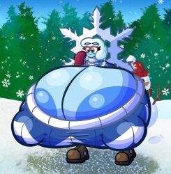 areola_slip big_breasts blue_body blue_skin boob_window boots breast_expansion elemental_humanoid glasses huge_breasts hyper hyper_breasts ice ice_elemental large_breasts mittens nipple_bulge nipples nipples_visible_through_clothing puffy_nipples snow snowflake snowman sprucy sweater white_hair winter