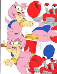 amy_rose ass big_ass bikini_pull blue_bikini bubble_butt crabmeat furry gold_bracelet green_eyes headband hedgehog_humanoid male omegasunburst piko_piko_hammer pink_fur pink_hair pulling_panties sega sonic_(series) sonic_the_hedgehog_(series) thick_thighs