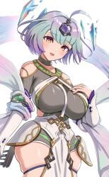 1girls ahoge aqua_hair bangs bare_shoulders bare_thighs breasts female female_only fire_emblem fire_emblem_heroes floating floating_object gonzarez gradient_clothes green_hair highres jewelry large_breasts multicolored_hair nintendo plump purple_hair seidr_(fire_emblem) short_hair simple_background skindentation solo thick_thighs thigh_strap thighs wide_hips