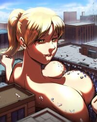 between_breasts biting_lip blonde_hair breast_squish building city color destruction giantess goddess_nikki green_eyes macro naked_female picojin ponytail size_difference smaller_male