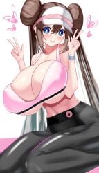 1girls blue_eyes breasts brown_hair cleavage double_peace_sign double_v female hat huge_breasts kaoru1307 light-skinned_female light_skin long_hair nintendo peace_sign pokemon pokemon_bw2 rosa_(pokemon) smile sports_bra sportswear thick_thighs thighs tight_clothing twin_buns twintails wide_hips yoga_pants