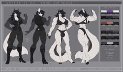 abs anthro black_hair bra breasts bulge canid canine canis cleavage clothed clothing digital_media_(artwork) flexing flexing_bicep flexing_both_biceps flexing_muscles footwear fur futanari goth gwendolyn_mai gynomorph hair hi_res high_heels illustration intersex mammal model_sheet muscular muscular_gynomorph muscular_intersex panties tight_clothing underwear white_body white_fur wmdiscovery93 wolf