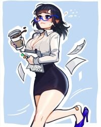 1girls black_hair blue_nails blush blushypixy blushyspicy choker cleavage coffee coffee_cup female glasses high_heels nail_polish oc office_lady original original_character running secretary vampire vampy_(blushypixy) vivian_(blushyspicy) white_skin