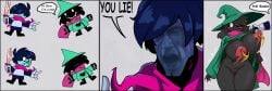 absurd_res anthro big_breasts black_border border boss_monster bovid breasts caprine clothed clothing comedy deltarune female funny genitals hat headgear headwear hi_res huge_breasts human humor karakylia kris_(deltarune) mammal meme mtf_crossgender nipple_piercing nipples no_underwear piercing pussy ralsei rule_63 undertale_(series) video_games witch_hat