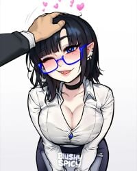 1boy 1girls black_hair blue_eyes blush blushing_at_viewer blushypixy blushyspicy breasts choker cleavage female glasses headpat headpats large_breasts looking_at_viewer oc original original_character pointy_ears secretary shy shy_smile smile smiling smiling_at_viewer textless vampire vampy_(blushypixy) vivian_(blushyspicy) white_skin wholesome