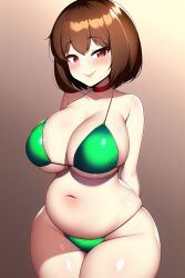 1girls 2d ai_generated bikini blush brown_hair chara choker chubby chubby_female curvy female female_only gardener_ai green_bikini hands_behind_back hips hourglass_figure large_breasts midriff nai_diffusion narrow_shoulders navel seductive seductive_smile short_hair simple_background skimpy smile solo stable_diffusion string_bikini thick_thighs thighs thin_arms thin_waist thong thong_bikini undertale undertale_(series) wide_hips