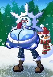 areola_slip big_breasts blue_body blue_skin boob_window boots breast_expansion elemental_humanoid glasses huge_breasts hyper hyper_breasts ice ice_elemental large_breasts mittens nipple_bulge nipples nipples_visible_through_clothing puffy_nipples snow snowflake snowman sprucy sweater white_hair winter